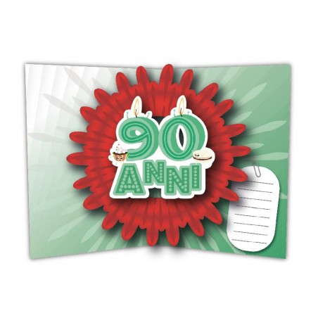 Interno pop-up 3D con numero 90, dolci e decorazioni festose