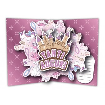 Interno pop-up con castello 3D e scritta “Tanti Auguri” rosa