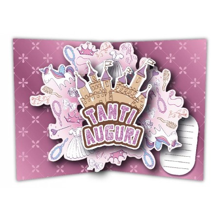 Interno pop-up con castello 3D e scritta “Tanti Auguri” rosa