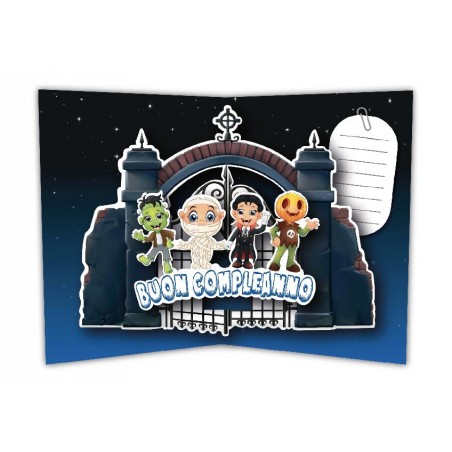 Interno biglietto compleanno bambini con mostri pop-up e spazio per dedica