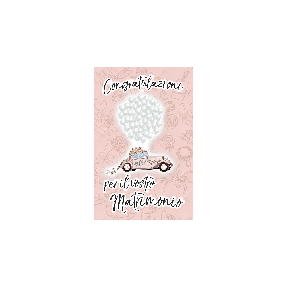 Biglietto matrimonio auto Just Married rosa con palloncini e testo “Congratulazioni”