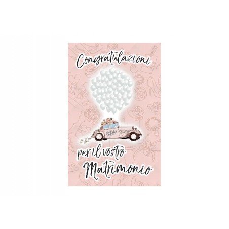Biglietto matrimonio auto Just Married rosa con palloncini e testo “Congratulazioni”