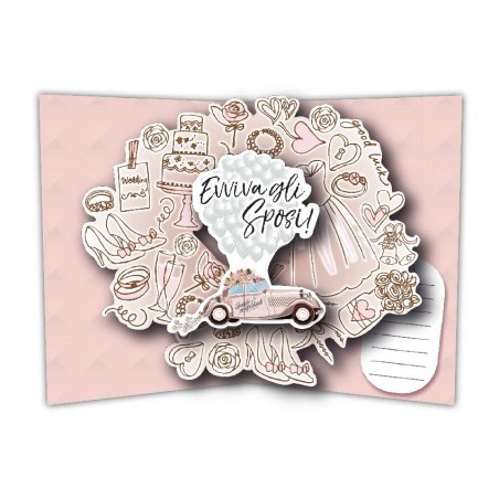 Interno biglietto matrimonio pop-up con auto Just Married e scritta “Evviva gli Sposi”
