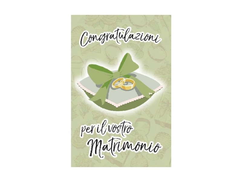 Biglietto matrimonio pop-up con cuscino verde, fiocco e fedi nuziali