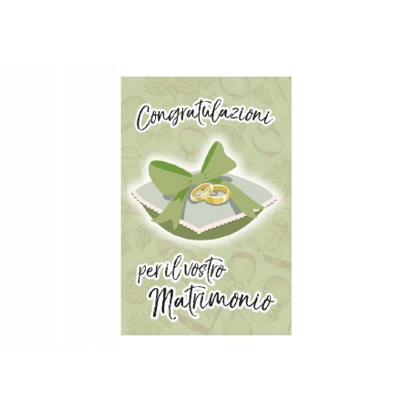 Biglietto matrimonio pop-up con cuscino verde, fiocco e fedi nuziali