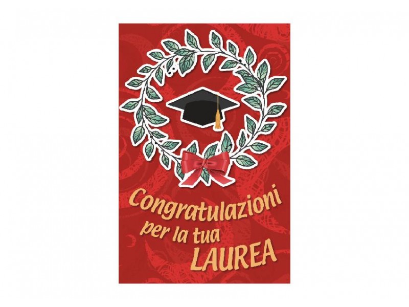 Biglietto laurea pop-up con corona d’alloro, tocco e scritta “Congratulazioni per la tua laurea”