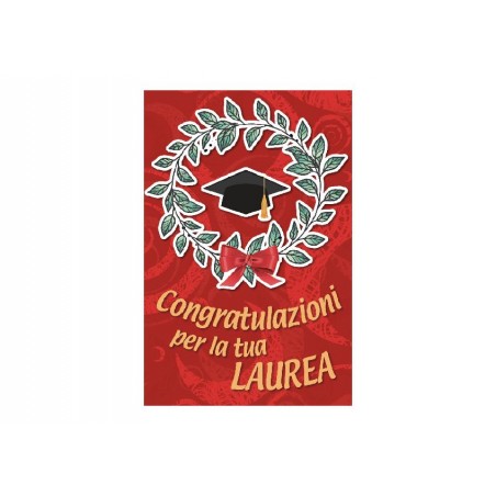 Biglietto laurea pop-up con corona d’alloro, tocco e scritta “Congratulazioni per la tua laurea”