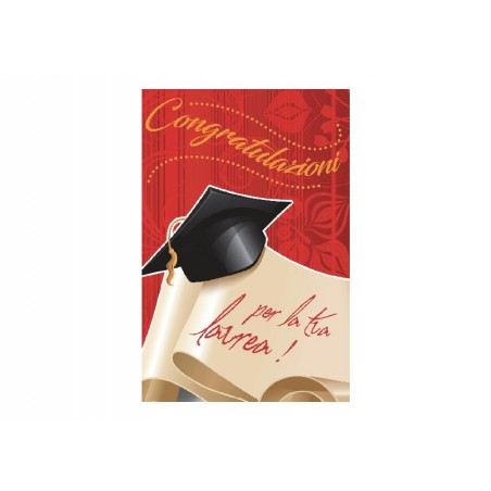 Biglietto laurea pop-up con pergamena e tocco nero su sfondo rosso