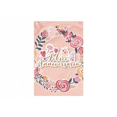 Biglietto pop-up anniversario rosa con ghirlanda, cuori e scritta “Felice Anniversario”