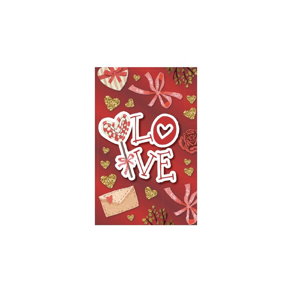 Biglietto amore rosso con scritta LOVE, cuori dorati e fiocchi rosa