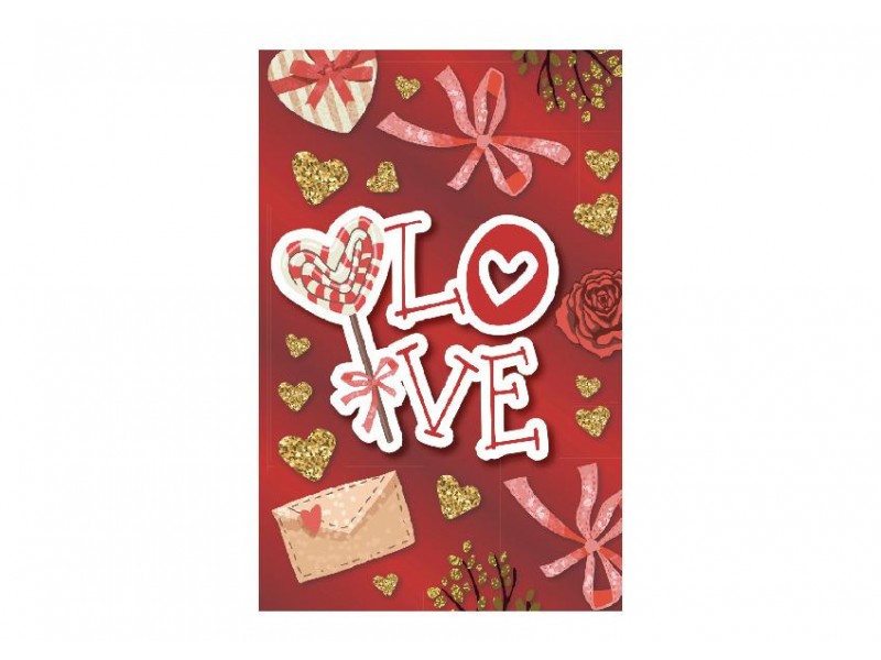 Biglietto amore rosso con scritta LOVE, cuori dorati e fiocchi rosa