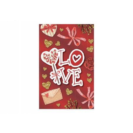 Biglietto amore rosso con scritta LOVE, cuori dorati e fiocchi rosa