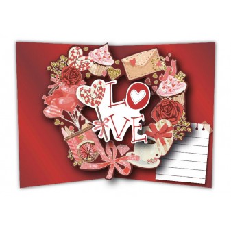 Interno biglietto pop-up LOVE con decorazioni romantiche e cupcake