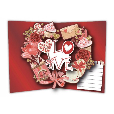 Interno biglietto pop-up LOVE con decorazioni romantiche e cupcake