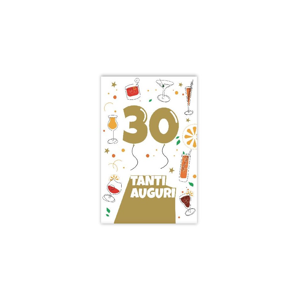 Biglietto di compleanno 30 anni con palloncini oro e cocktail