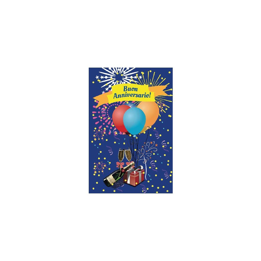 Biglietto di anniversario con palloncini, fuochi d’artificio e calici