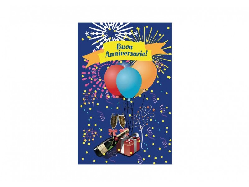 Biglietto di anniversario con palloncini, fuochi d’artificio e calici