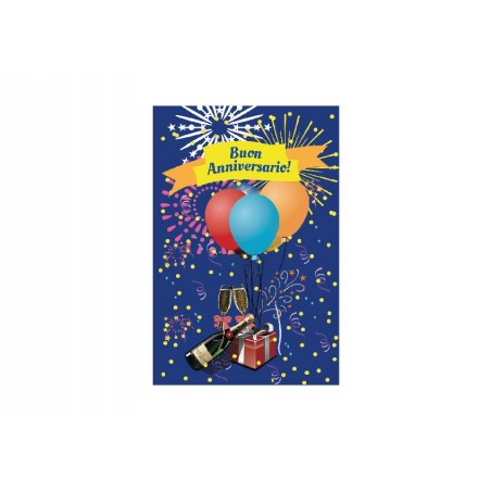 Biglietto di anniversario con palloncini, fuochi d’artificio e calici
