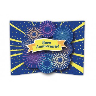 Interno biglietto pop-up con scritta “Buon Anniversario!” e decorazioni 3D