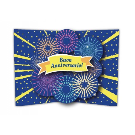 Interno biglietto pop-up con scritta “Buon Anniversario!” e decorazioni 3D