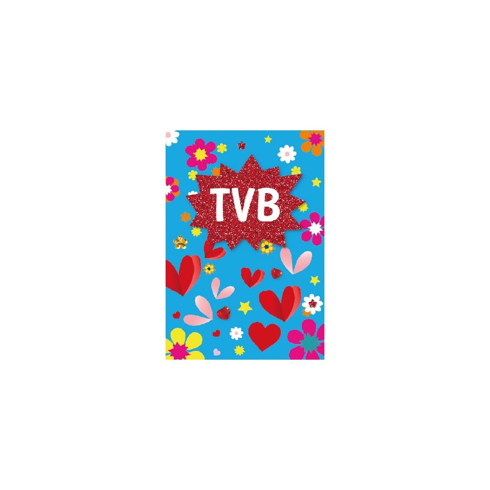 Biglietto “TVB” con cuori e fiori su sfondo azzurro
