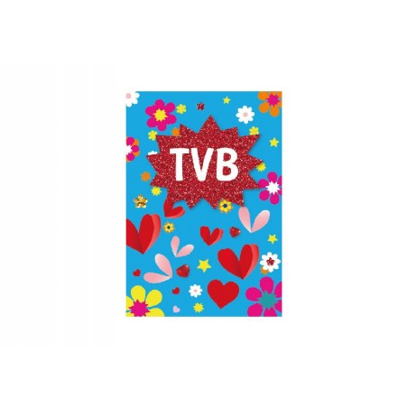 Biglietto “TVB” con cuori e fiori su sfondo azzurro