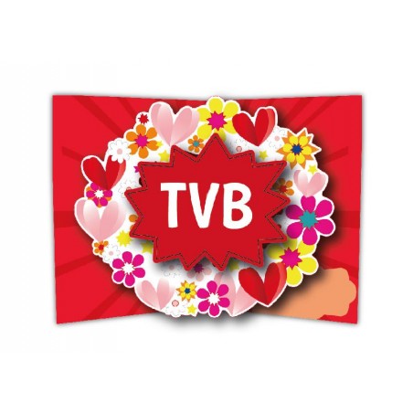 Interno biglietto pop-up con scritta “TVB” tra cuori e fiori 3D