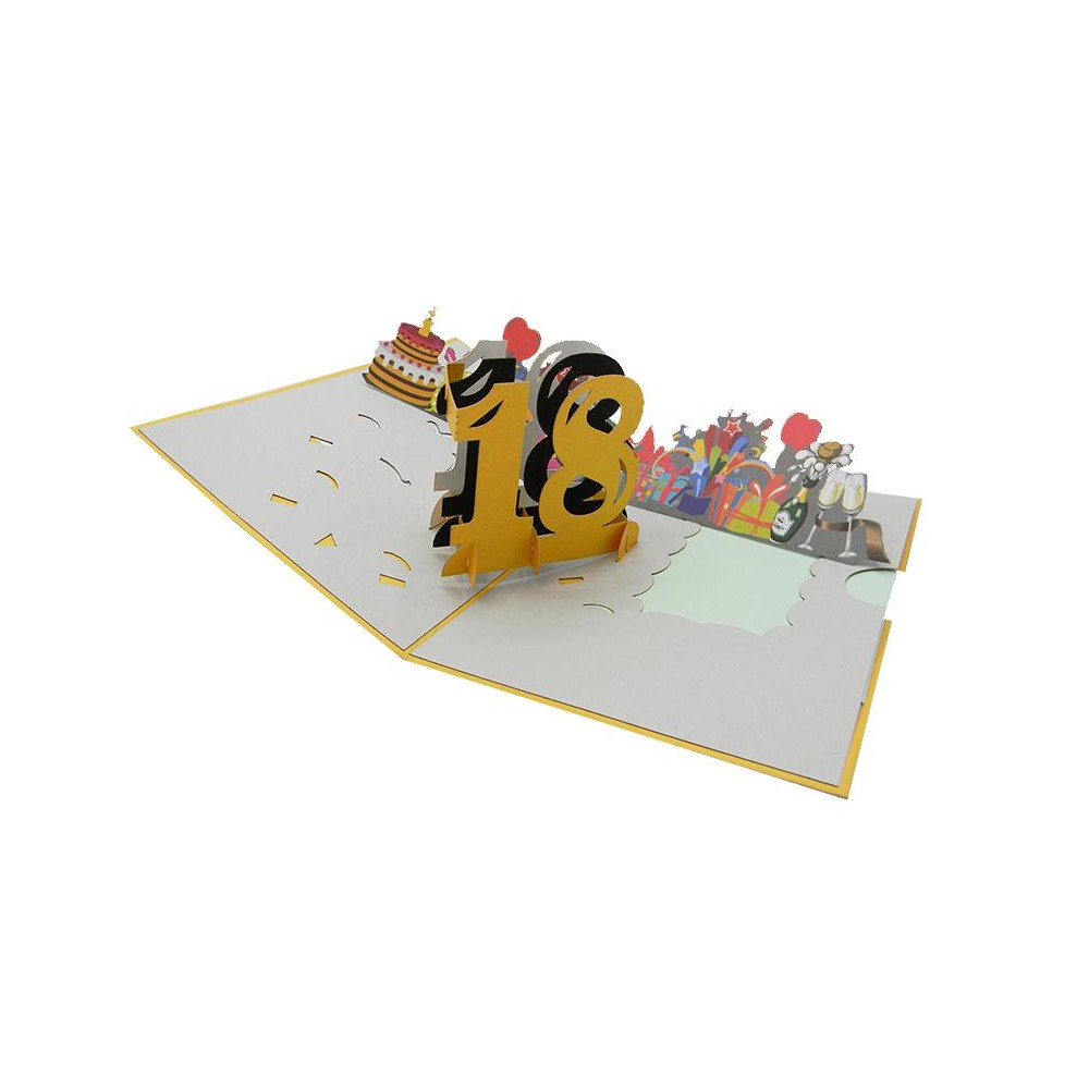 Interno biglietto pop-up 3D con numero 18, torta, regali e brindisi