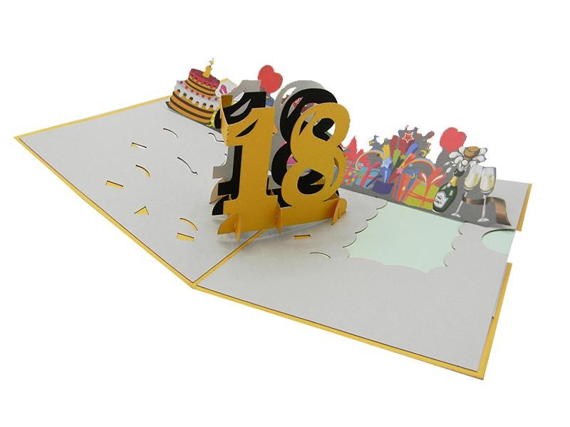 Interno biglietto pop-up 3D con numero 18, torta, regali e brindisi