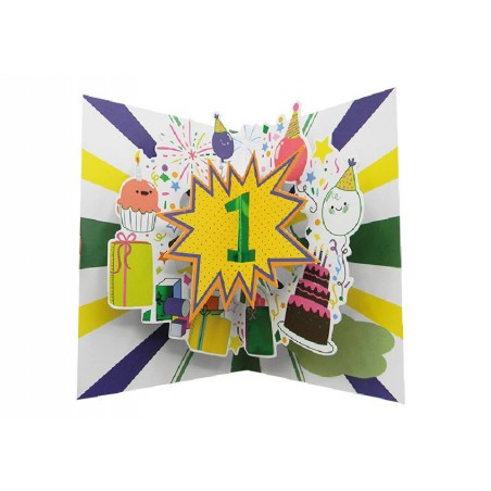 Interno biglietto 1 anno con torta pop-up, regali e decorazioni