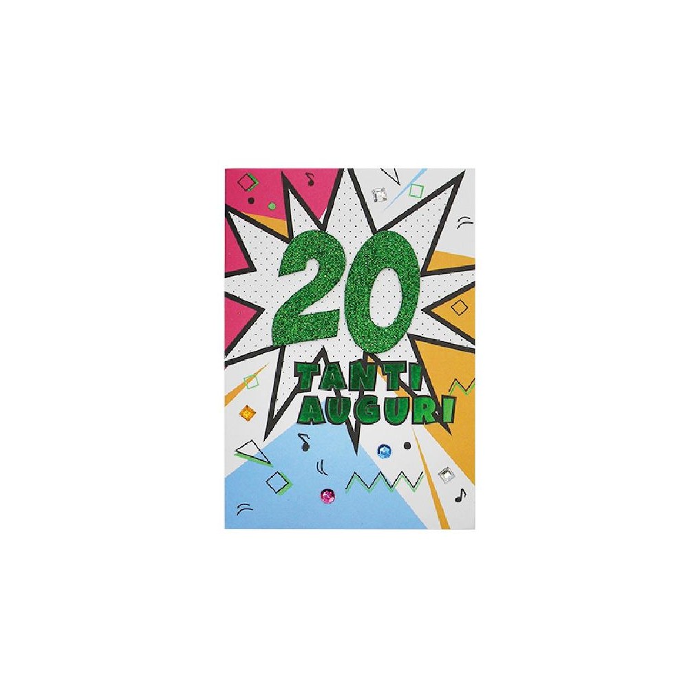 Biglietto per i 20 anni con scritta Tanti Auguri e glitter verdi