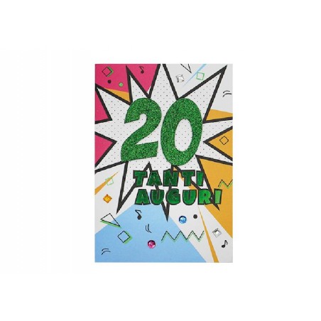 Biglietto per i 20 anni con scritta Tanti Auguri e glitter verdi