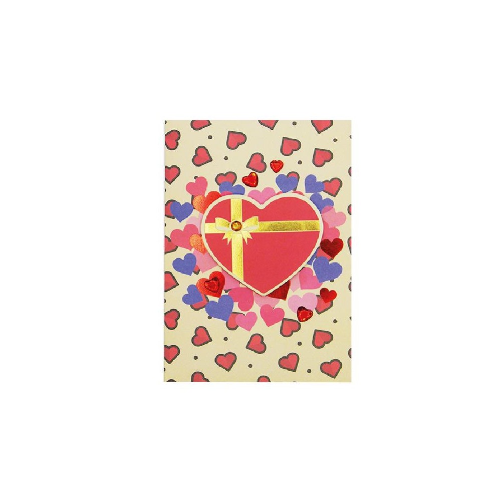 Biglietto d’amore con cuori colorati e fiocco dorato sulla copertina