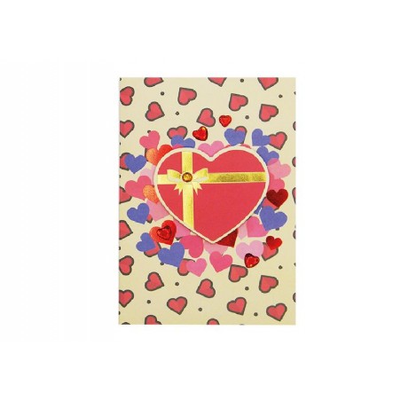 Biglietto d’amore con cuori colorati e fiocco dorato sulla copertina
