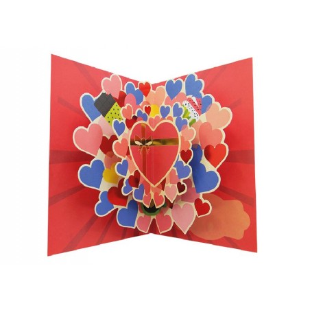 Interno biglietto pop-up con esplosione di cuori in 3D multicolore