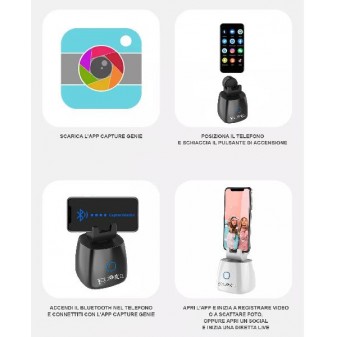 Fasi di utilizzo del Selfie Cameraman con app Capture Genie e smartphone in posizione