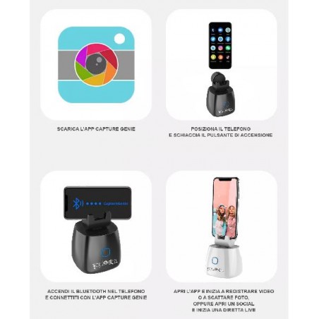 Fasi di utilizzo del Selfie Cameraman con app Capture Genie e smartphone in posizione