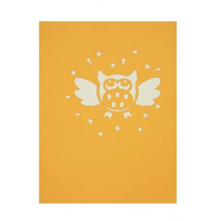 Biglietto auguri gufo pop-up arancione con stelle decorative