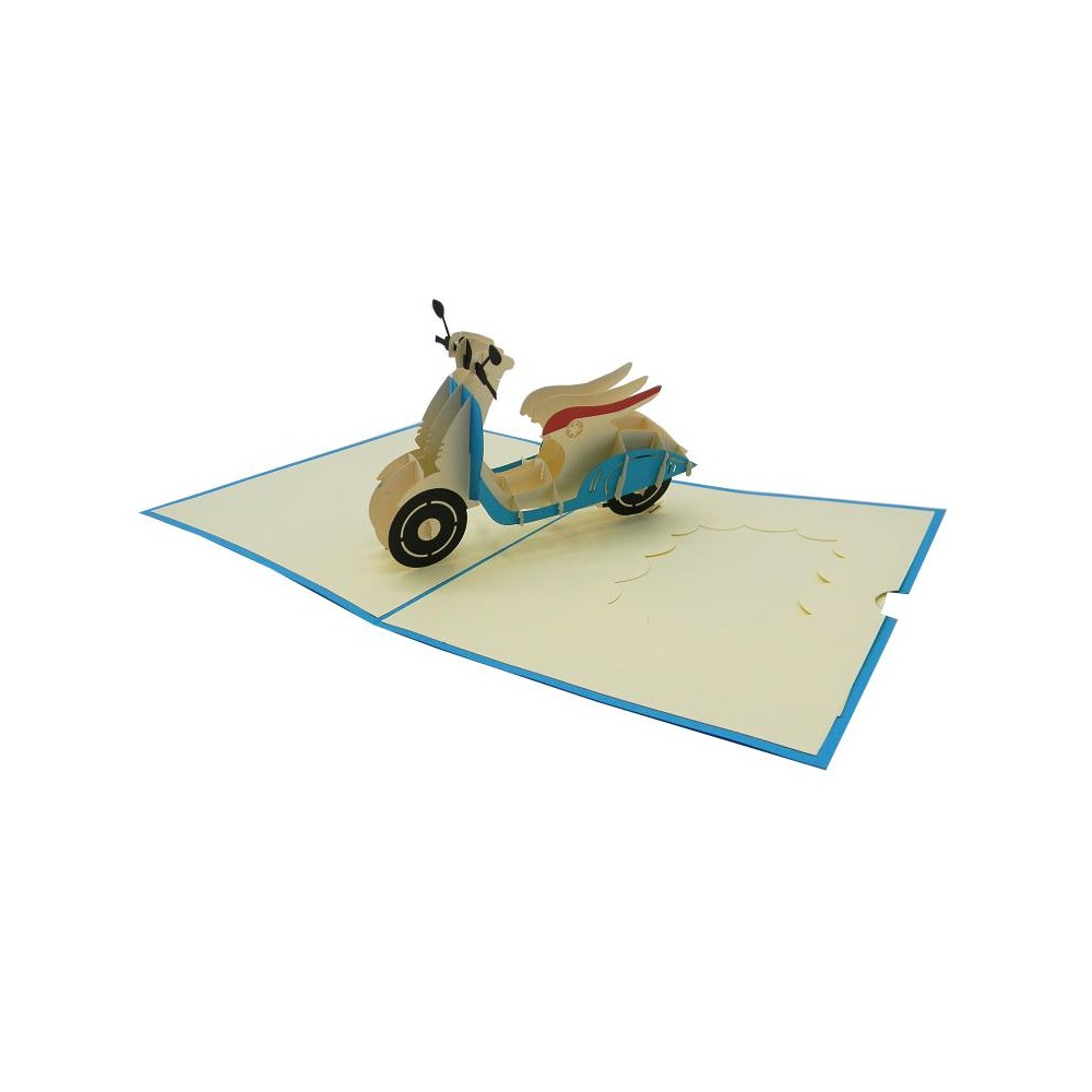 Biglietto auguri pop-up Vespa azzurra tridimensionale con foulard rosso