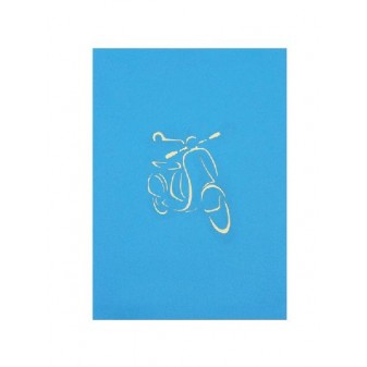 Copertina biglietto azzurro con Vespa stilizzata intagliata color avorio