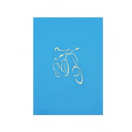 Copertina biglietto azzurro con Vespa stilizzata intagliata color avorio