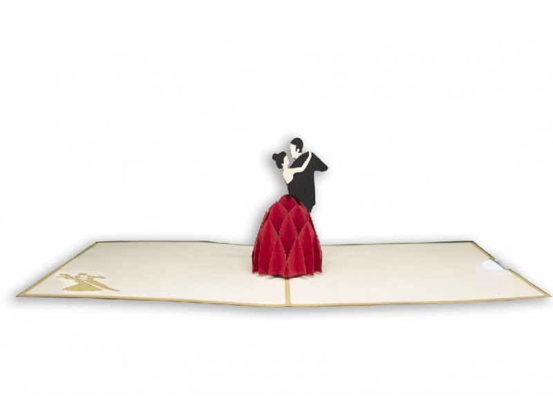 Biglietto Origami 3D aperto con coppia che danza e abito rosso tridimensionale