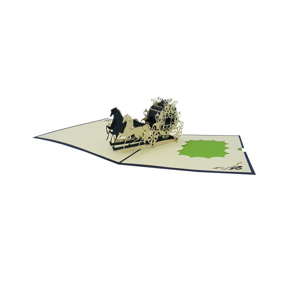Biglietto auguri pop-up carrozza reale con cavalli su sfondo avorio e verde