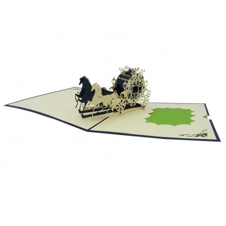 Biglietto auguri pop-up carrozza reale con cavalli su sfondo avorio e verde