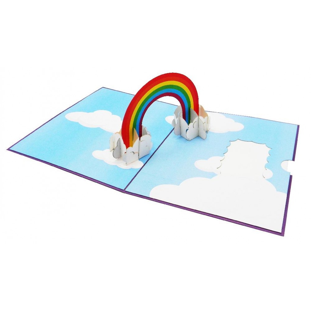 1. Biglietto pop-up 3D arcobaleno tra le nuvole su cielo azzurro