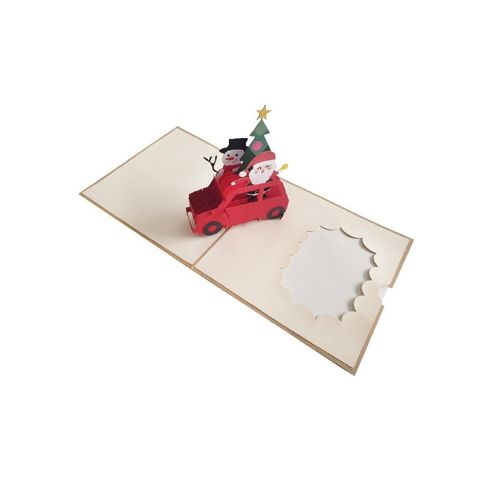 Biglietto auguri Natale pop-up con auto rossa, Babbo Natale e pupazzo di neve