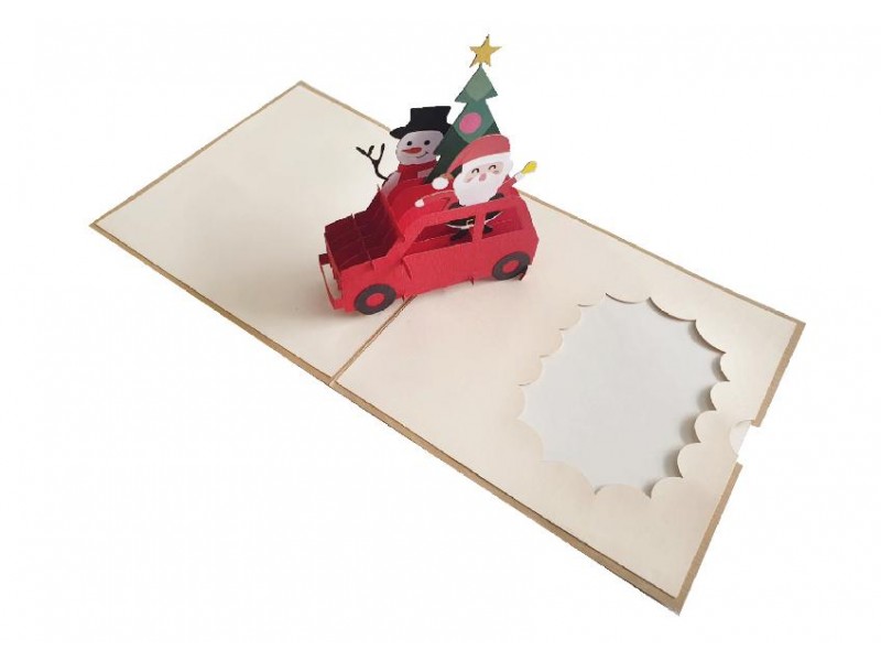 Biglietto auguri Natale pop-up con auto rossa, Babbo Natale e pupazzo di neve