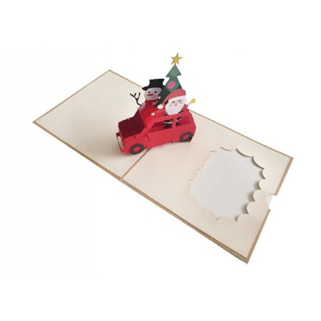 Biglietto auguri Natale pop-up con auto rossa, Babbo Natale e pupazzo di neve
