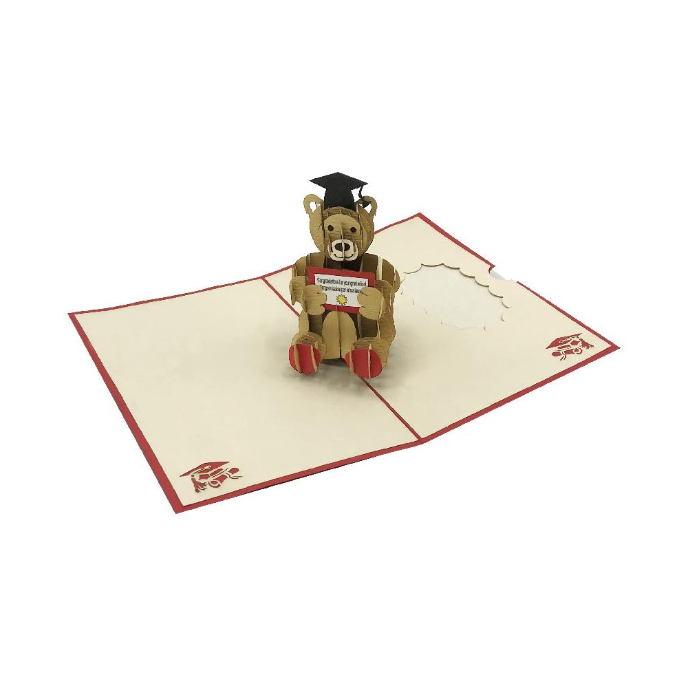 Biglietto Laurea Orsetto rosso pop-up 3D con tocco nero