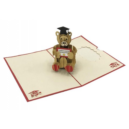 Biglietto Laurea Orsetto rosso pop-up 3D con tocco nero